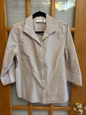 EUC Chico's 1 No Iron Beige and White Striped Button-Up Shirt